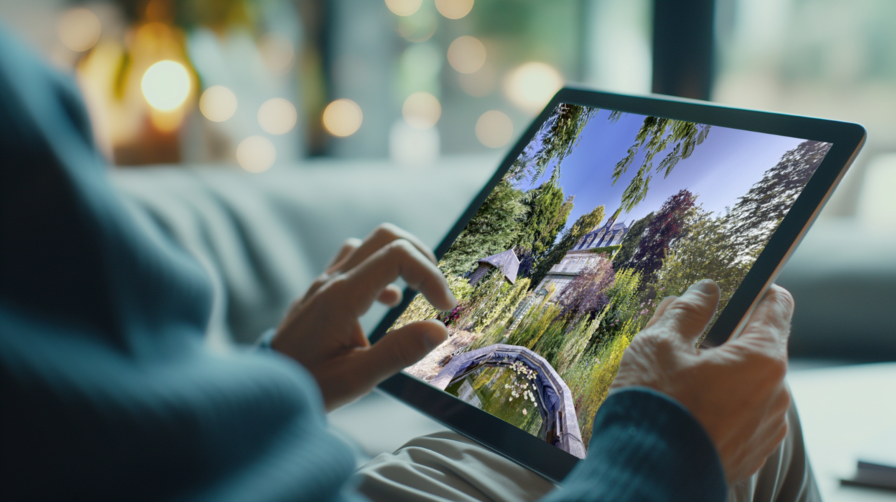 ImmerTwin digital experience of the walled garden at Manoir Sainte Cecile, shown on a tablet